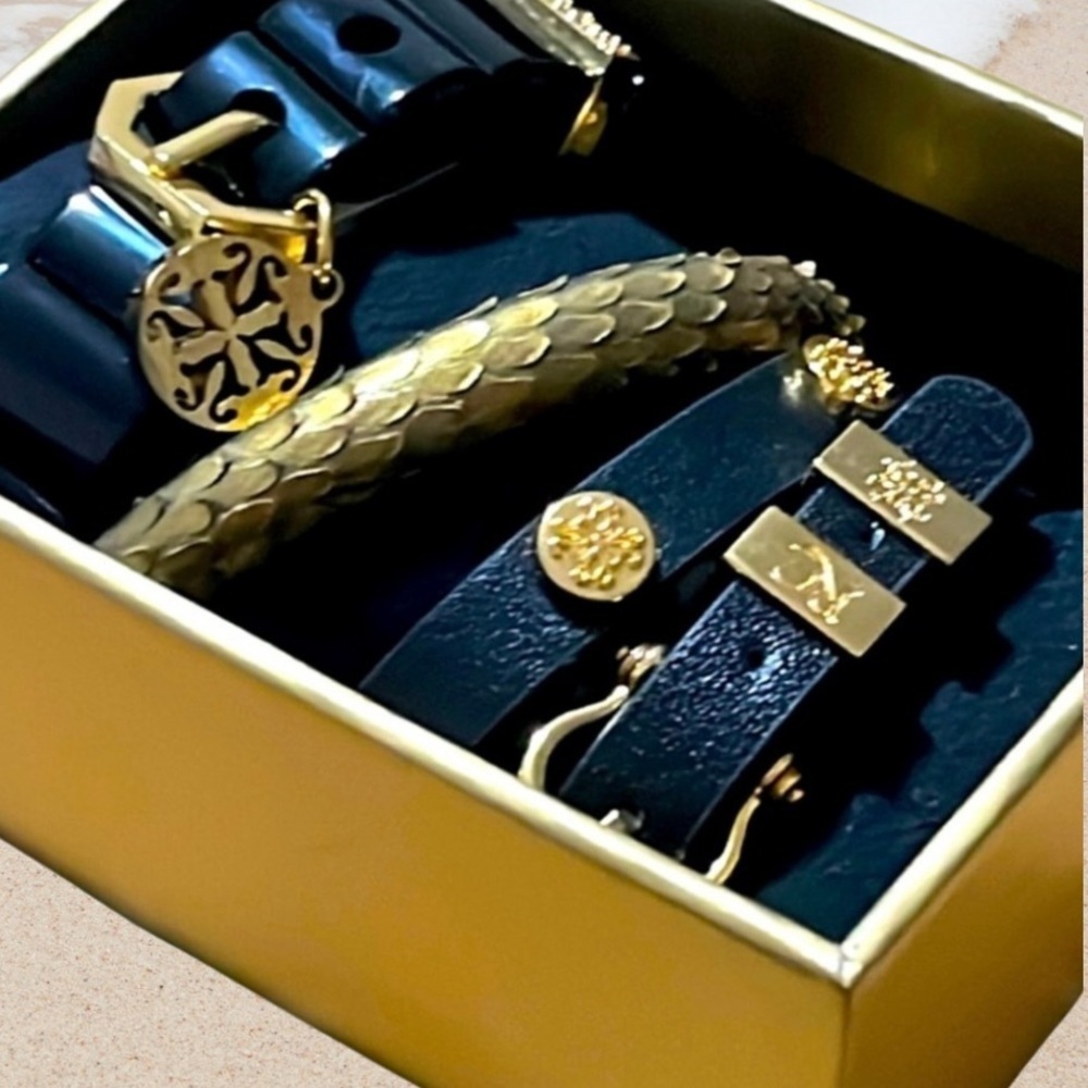 Rustic Cuff Black & Gold Bracelet Set